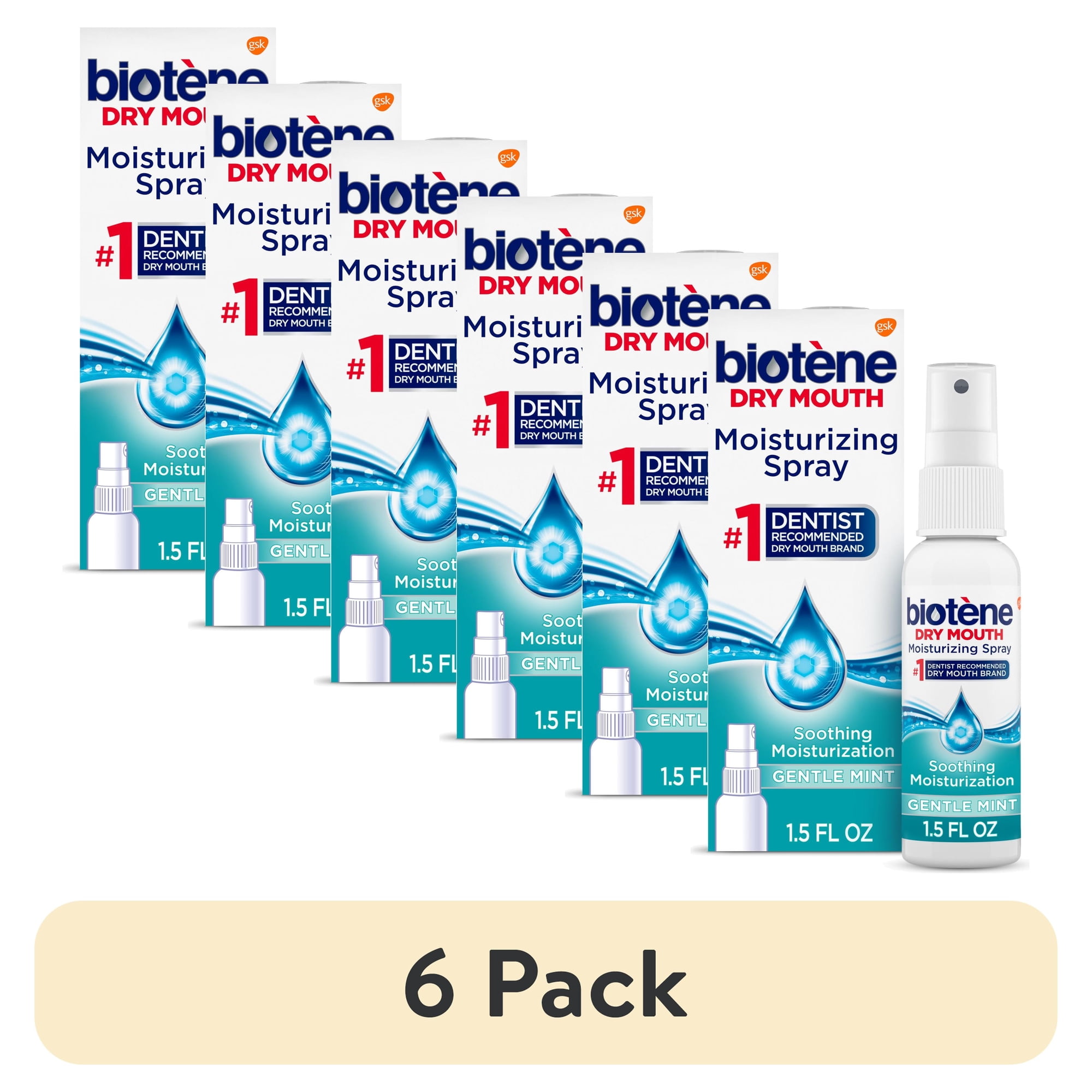 (6 pack) Biotene Dry Mouth and Fresh Breath Moisturizing Spray, Gentle Mint, 1.5 Oz, for Children and Adults