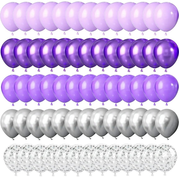 Purple Silver Party Balloons Set, 60PCS 12 Inch Metallic Purple Silver Balloons Light Purple Confetti Balloons for Girls Birthday Baby Shower Bridal Wedding Party Decorations