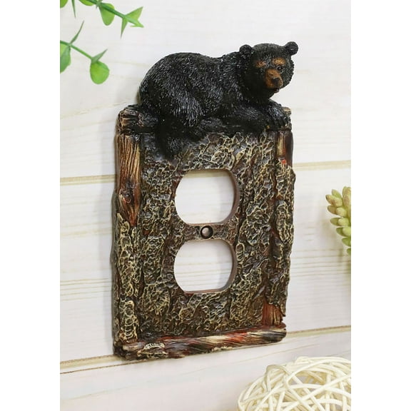 Set of 2 Rustic Black Bear In Faux Wood Double Receptacle Wall Outlet Plates