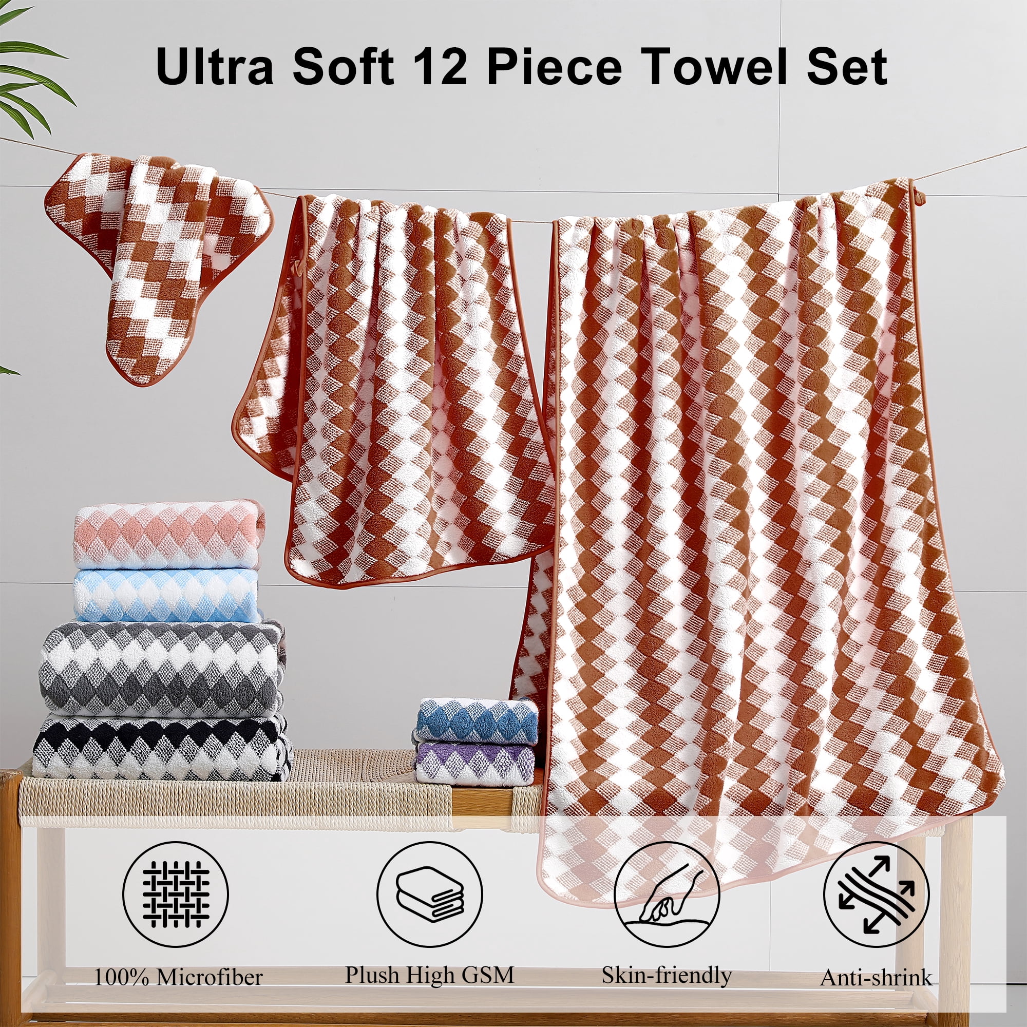 Jessy Home 12 Piece Brown Towel Set Soft Bath Towel for Bathroom-4 Bath Towels, 4 Hand Towels, 4 Washcloths Highly Absorbent Bath Sheet for Hotel & Spa