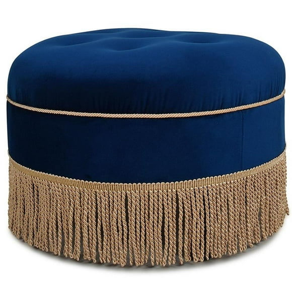 Yolanda Upholstered Round Accent Ottoman Navy Blue Velvet with Gold Trim