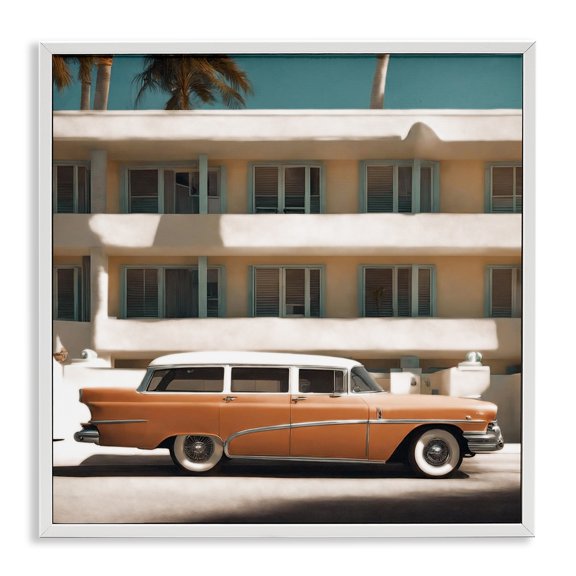 Stupell Industries Antique Car in Miami Transportation Painting White Framed Art Print Wall Art, 24 x 24