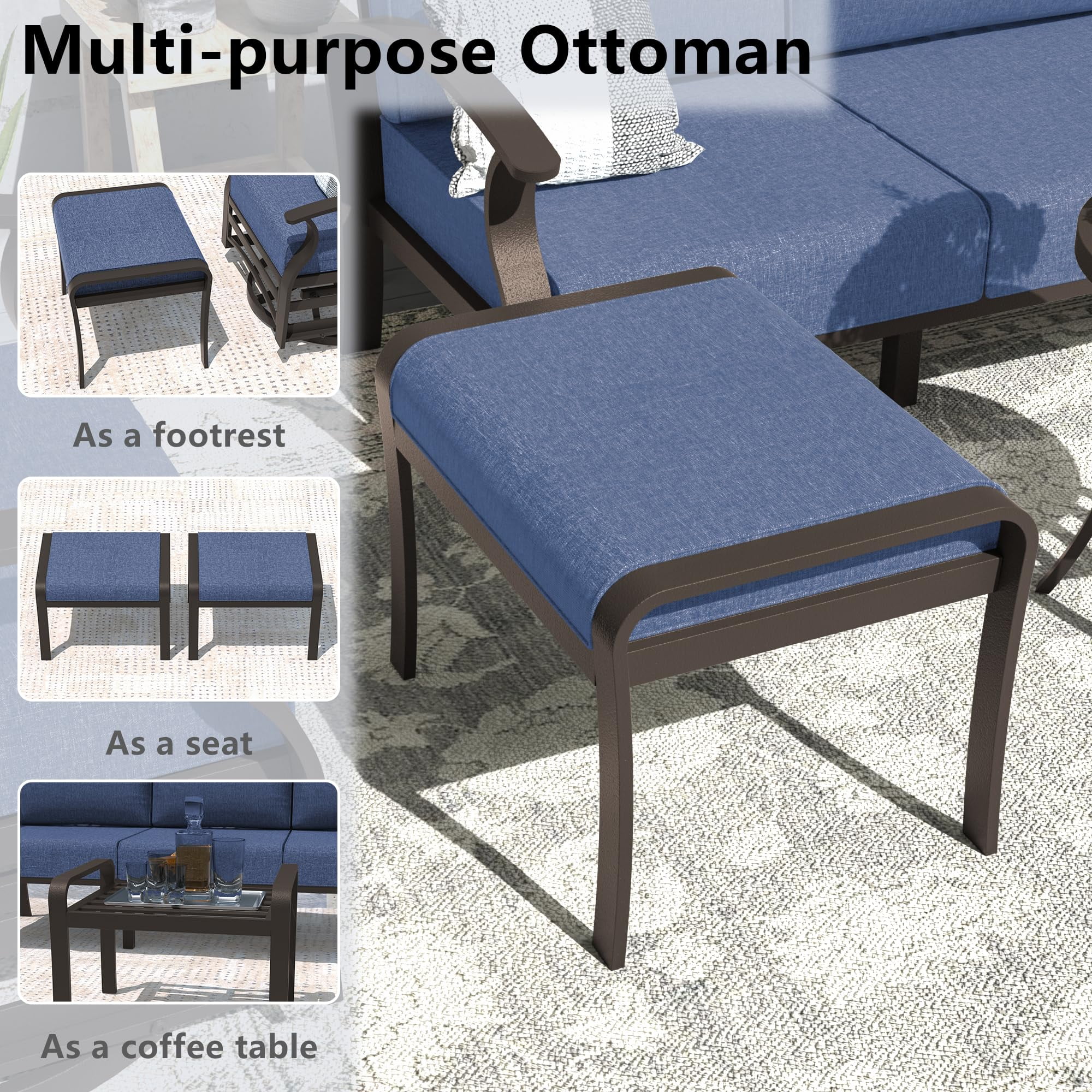 ALAULM Aluminium Patio Furniture Set with Swivel Chairs, 9-Seater Metal Outdoor Furniture Patio Sectional Sofas Patio Conversation Set with 2 swivel chairs For Patio, Backyard, Poolside - Navy Blue