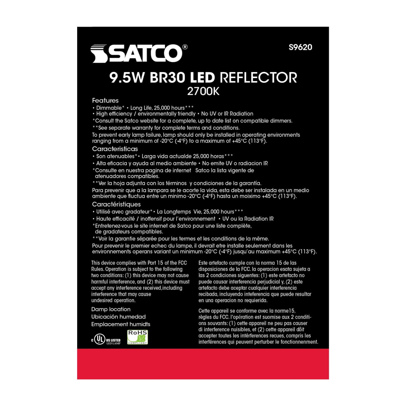 SATCO S9620 9.5W 120V LED Bulb BR30 E26 Base 2700K Dimmable (12 Pack)