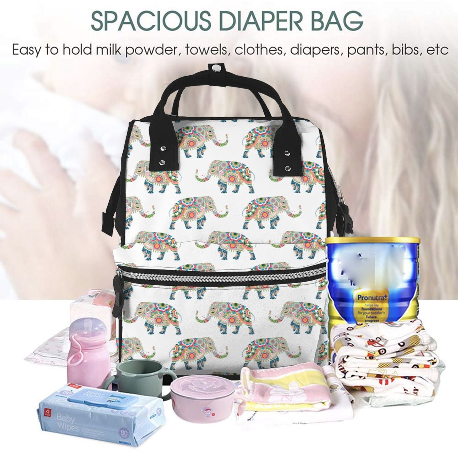 Fuzoiu Indian Elephant Print Diaper Bag Backpack,Baby Essentials Travel Tote,Multi function Waterproof Diaper Bag, Travel Essentials Baby Bag - Unisex