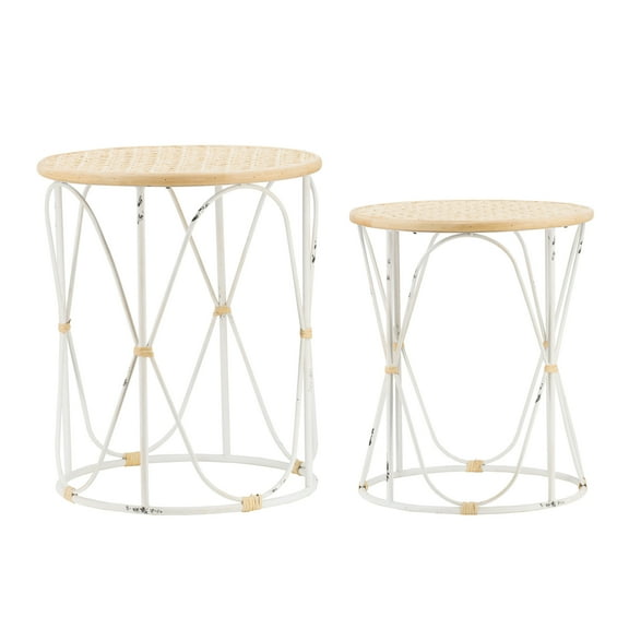 A&B Home Round Nesting Side Tables with Wooden Tops and Metal Loop Base - Set of 2 - Natural, Distressed White Finish
