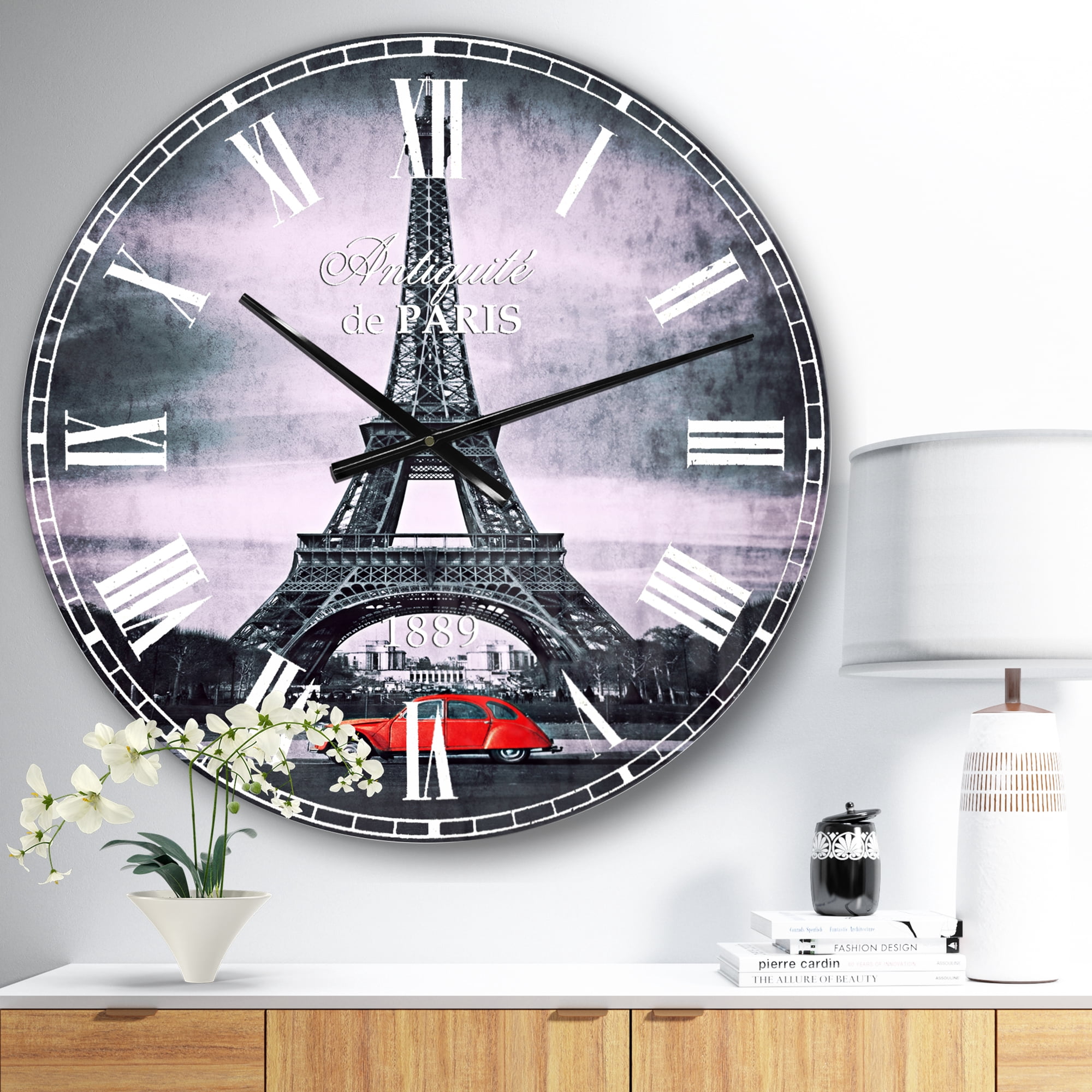 Designart 'Eiffel and Old Red Car' French Country wall clock