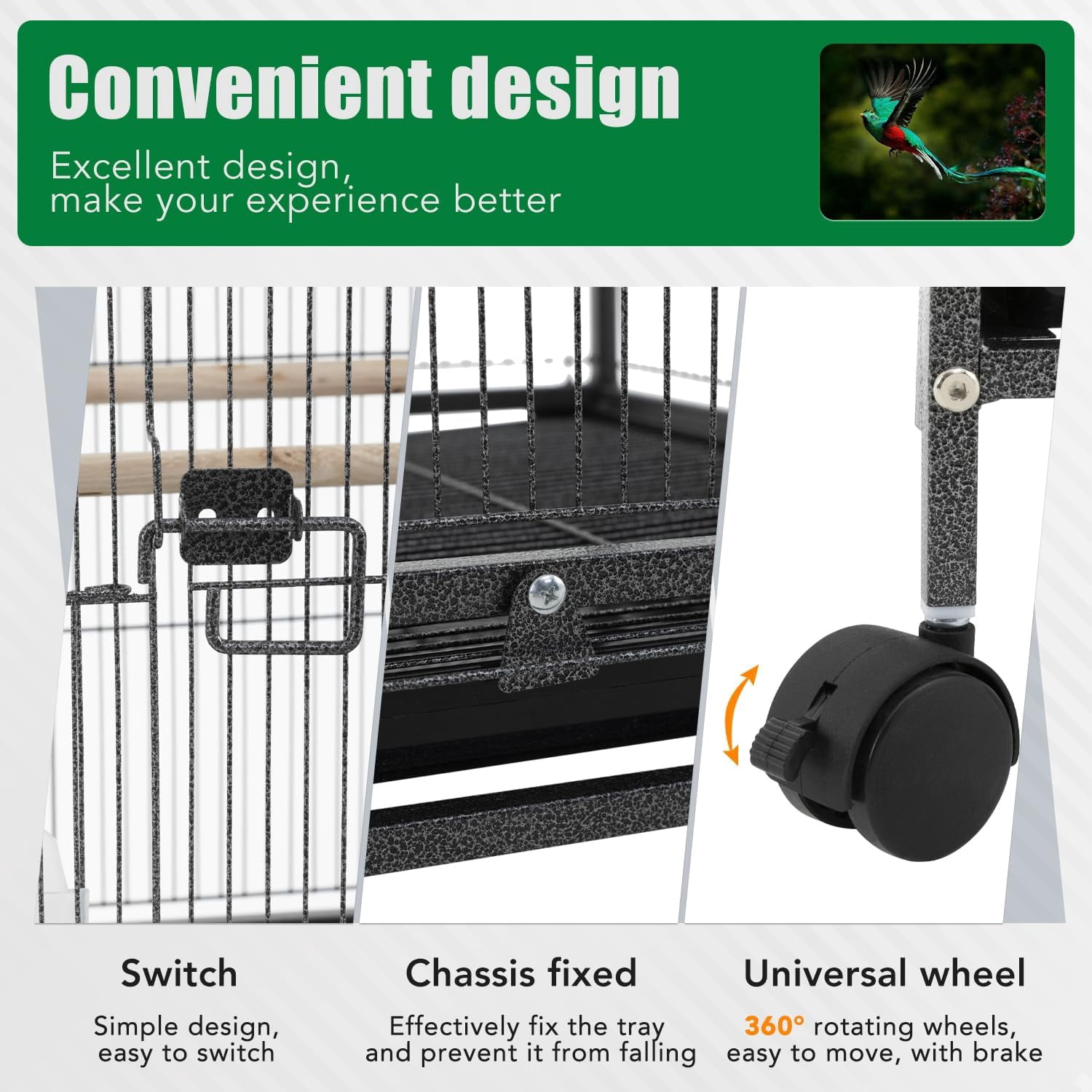 CL.HPAHKL 35 inch Bird Cage with Rolling Stand, Metal Birdcage Parakeet Cage for Parakeets Cockatiel Canary Finch Lovebird Parrotlet Pigeons, Black