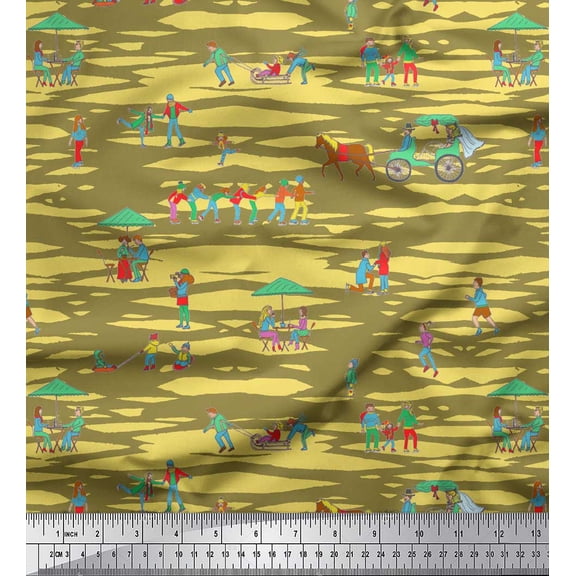 Soimoi Japan Crepe Satin Fabric Horse Cart,Sleigh & Humans Holiday Printed Fabric 1 Yard 42 Inch Wide