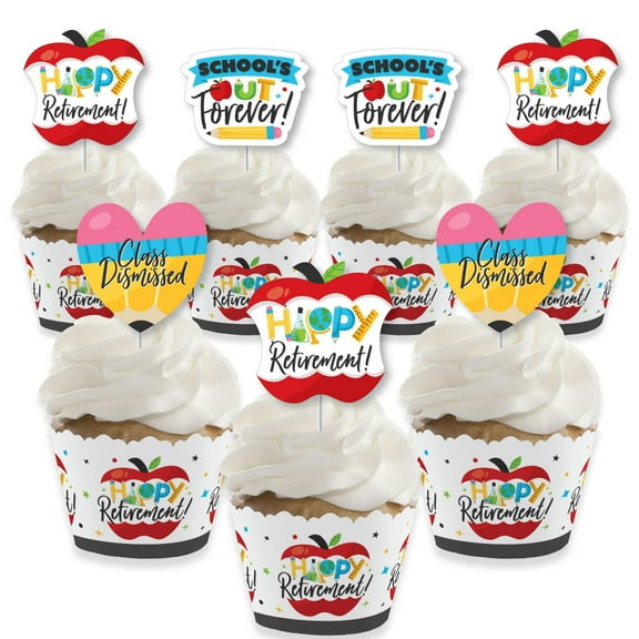 Big Dot of Happiness Teacher Retirement - Cupcake Decoration - Happy Retirement Party Cupcake Wrappers and Treat Picks Kit - Set of 24