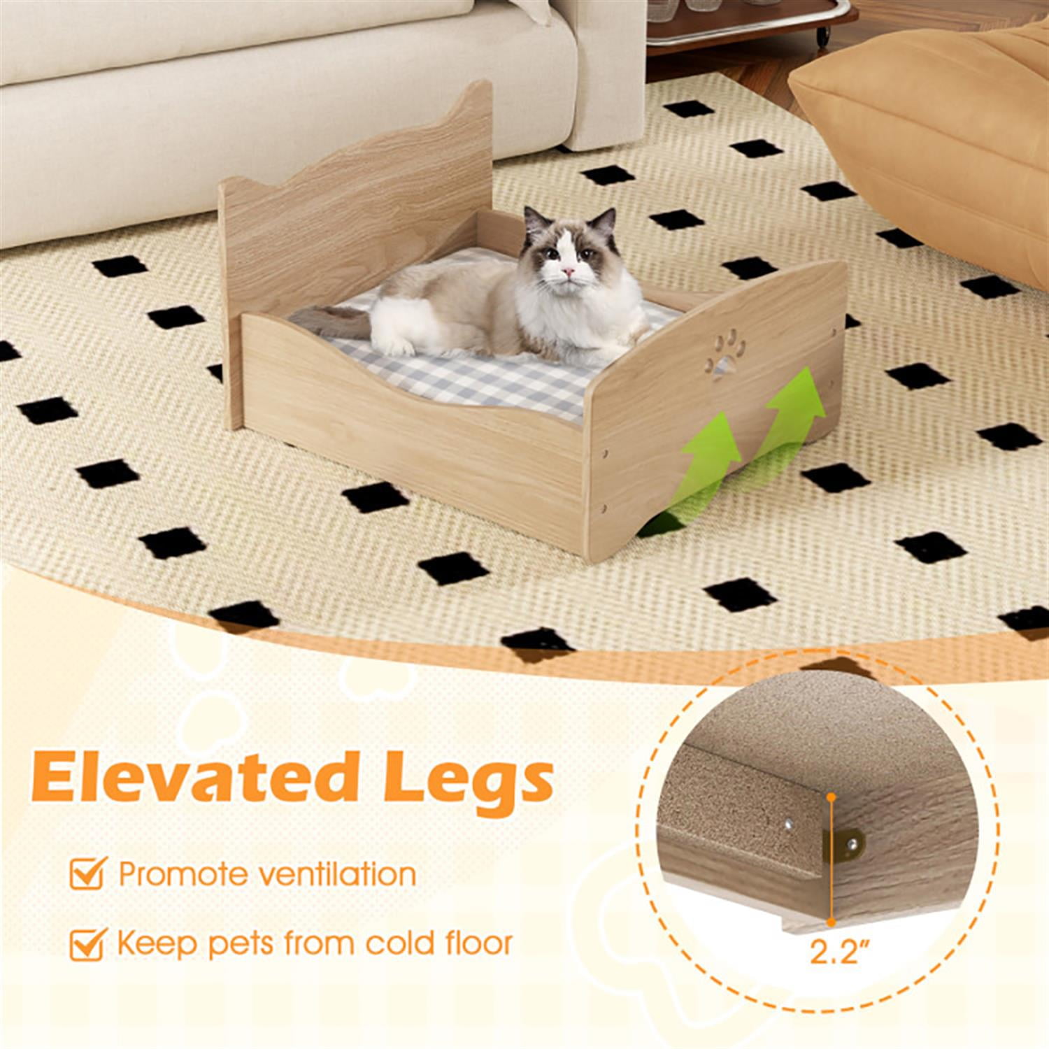 Kadyn 21" Elevated Pet Bed Frame with Rails and Cute Headboards for Indoor Small Pets Such As Puppies Cats Rabbits and Guinea Pigs, Beige