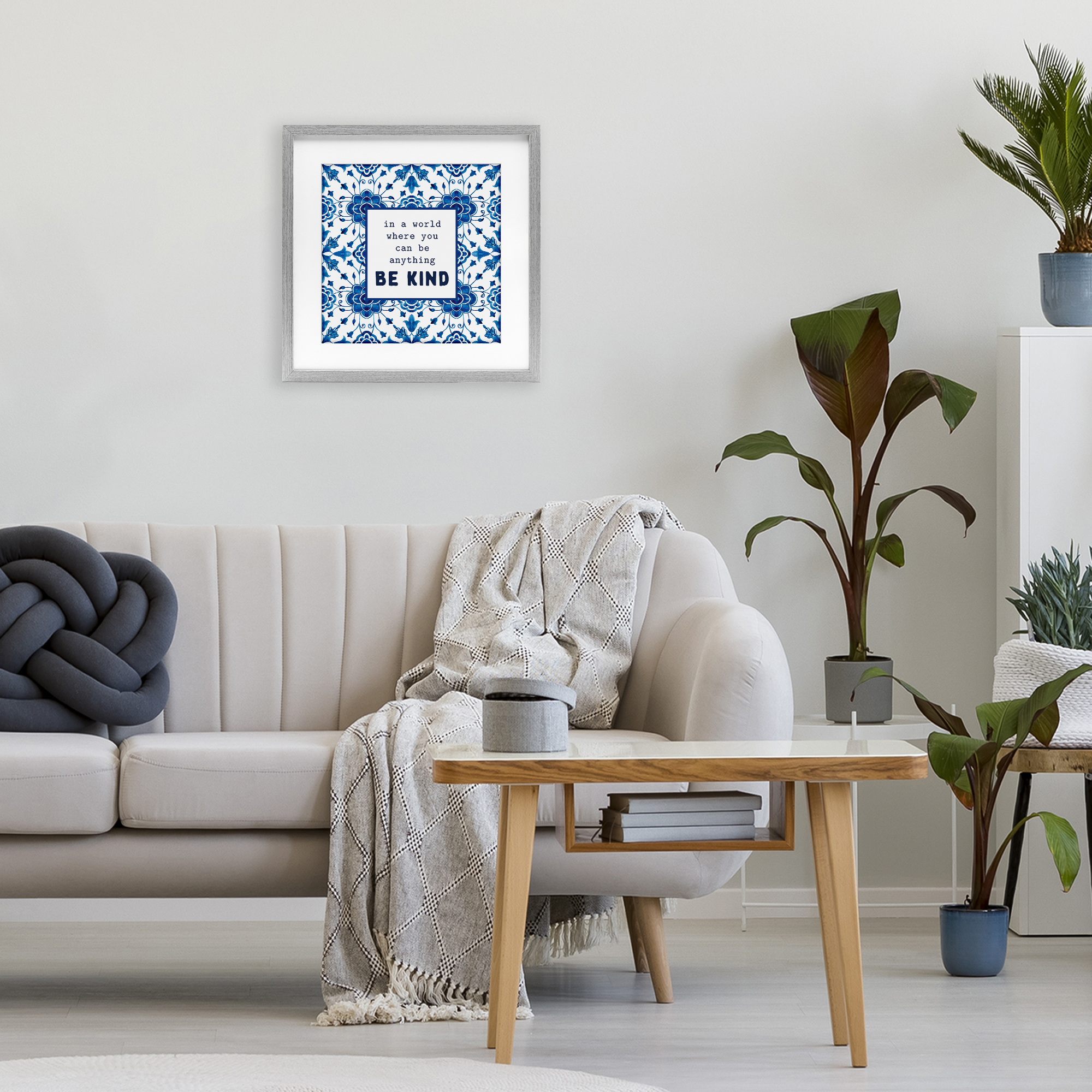 Patterned Be Kind Encouragement Gray Framed Print Under Glass, design by Lettered and Lined