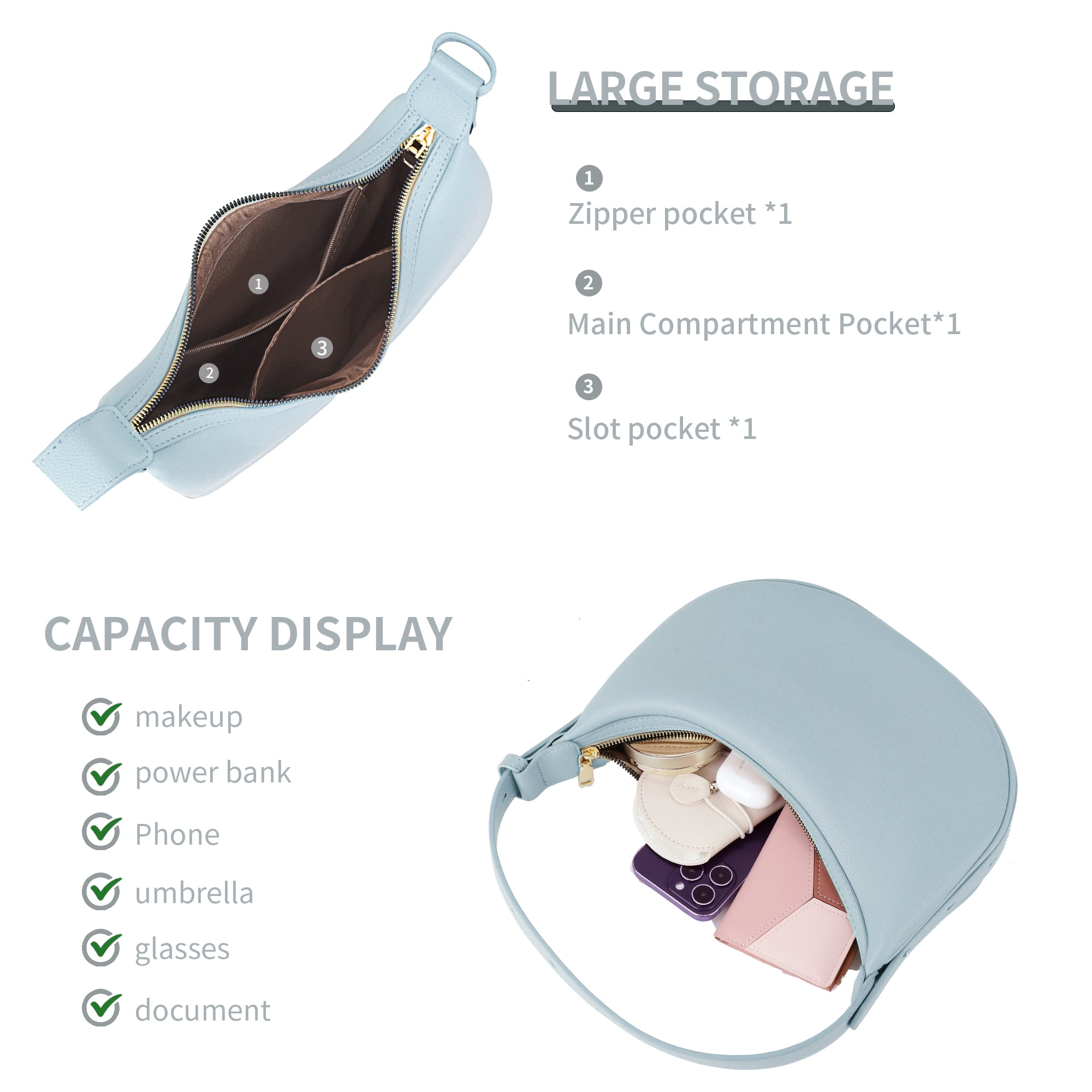 Badiya Crescent Shoulder Bag for Women Trendy Leather Crossbody Hobo Purse Vegan Clutch Handbag with 3 Adjustable Strap