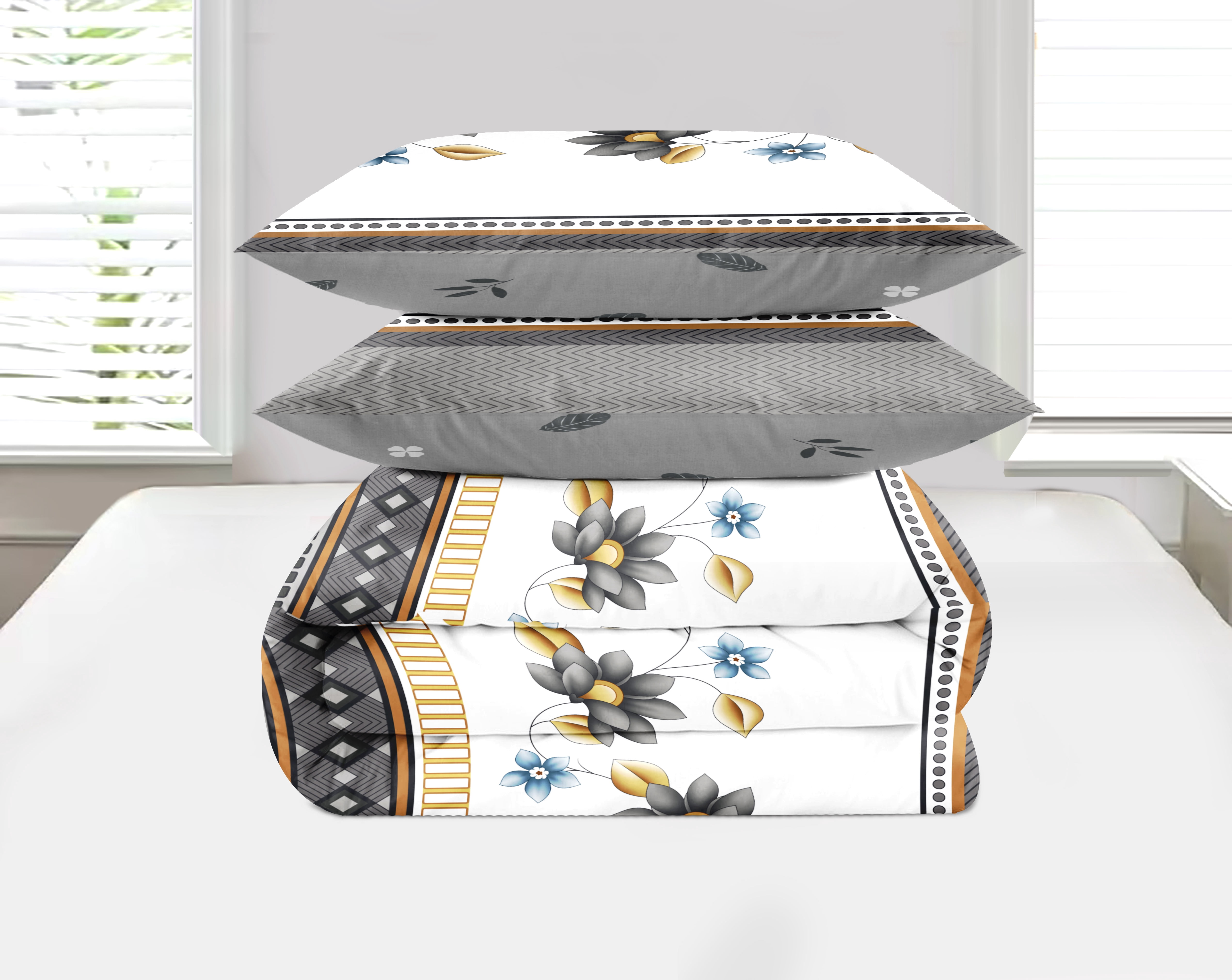 Grey & Gold Floral Geometric 4-Piece Queen Duvet Cover Set – 100% Bamboo Polyester, All-Season Bedding