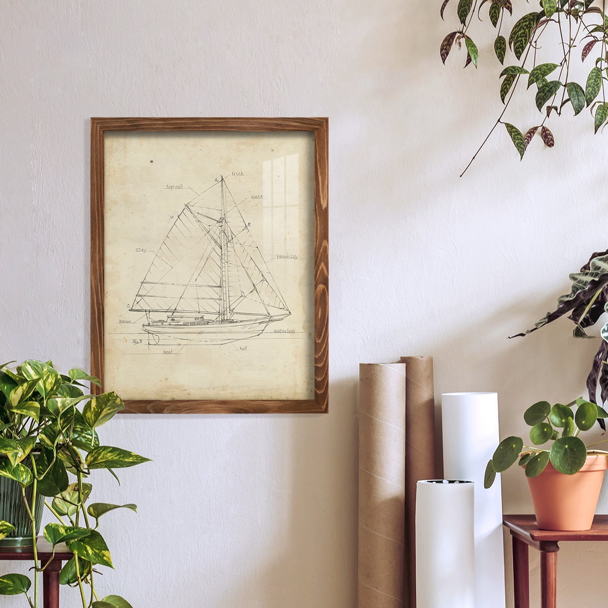 Sailboat Blueprint III -Framed Print w/glass-Walnut