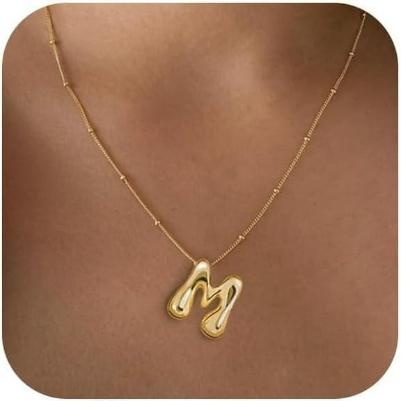 Gold Bubble Letter Necklace For Women Dainty 14K Gold Plated Balloon Initial Necklaces For Women Trendy Cute Chunky Charm Monogram Pendant Name Necklace Fashion Jewelry Gifts For Teens[o3054]