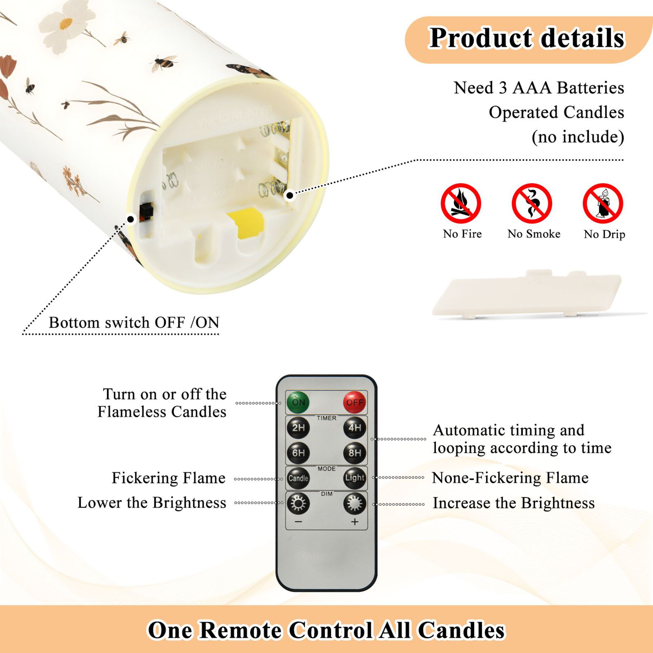 Wildflowers and Insects Flameless Candles 2 PCS with Remote Realistic Moving Flame LED Tapered Pillar Set for Home Decor