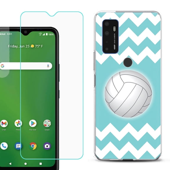 Slim-Fit Gel TPU Phone Case for Cricket Dream 5G, with Tempered Glass Screen Protector, by OneToughShield ® - Chevron/Volleyball