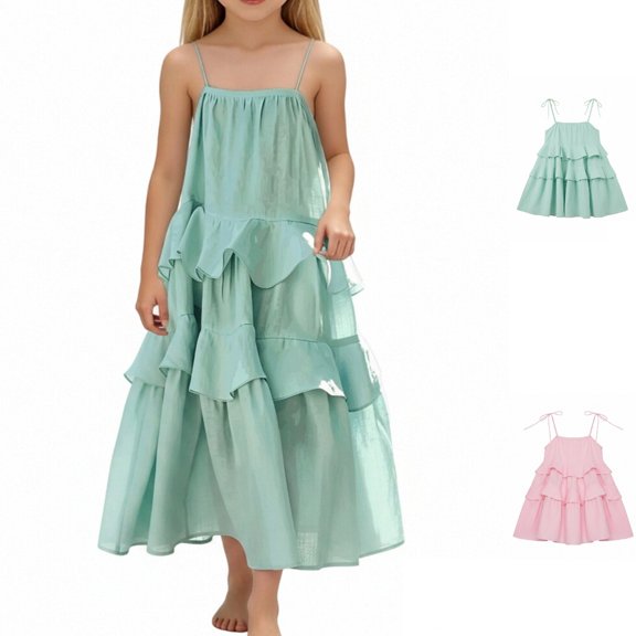HJYCHN Kids Dress Spaghetti Strap Tiered Cake Maxi Dress with Bohemian Style for Back to School Dresses for Girls 15 Years