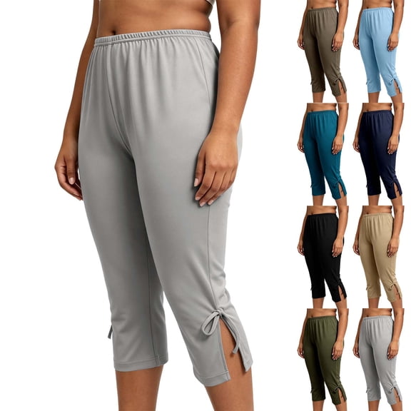 OVAFBAU Women's Capris Pants Yoga Workout Leggings Plus Size Pocket Slit Drawstring Casual Capris Pants
