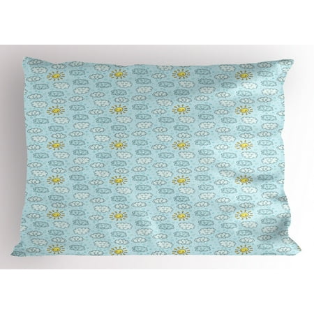 Rain Pillow Sham Rainy Day Themed Cute Clouds And Sun Pattern In