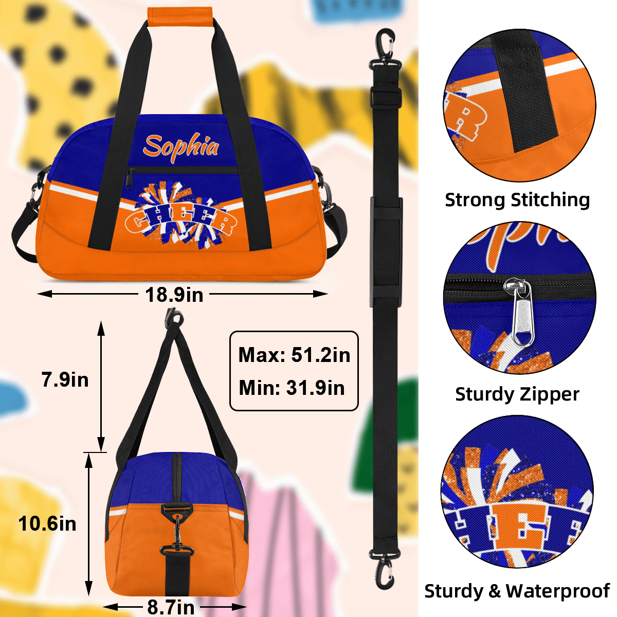 Jiaoprinted Personalized Cheer Bag, Custom Sport Duffel Bag with Name, Customized Cheerleader Dance Bag, Sport Gym Bag Overnight Weekender Bags, Blue Orange