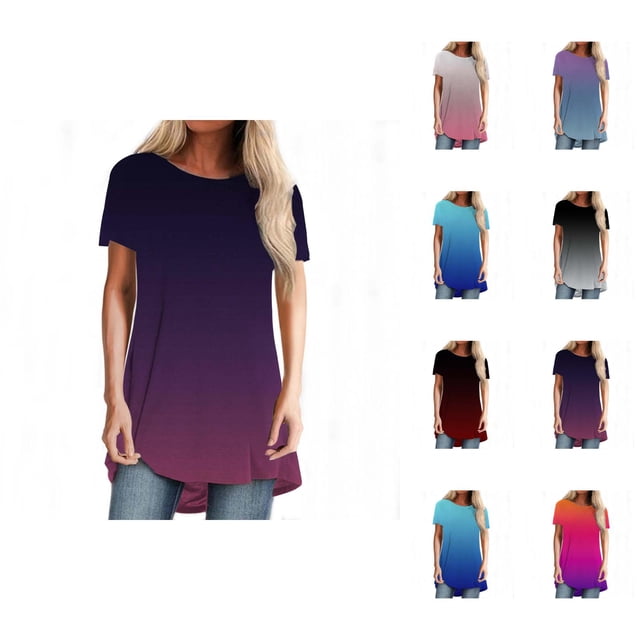 T-shirt Dégradé pour Femmes 2026 Été Tendance Manches Courtes Col Rond Ample Tunique