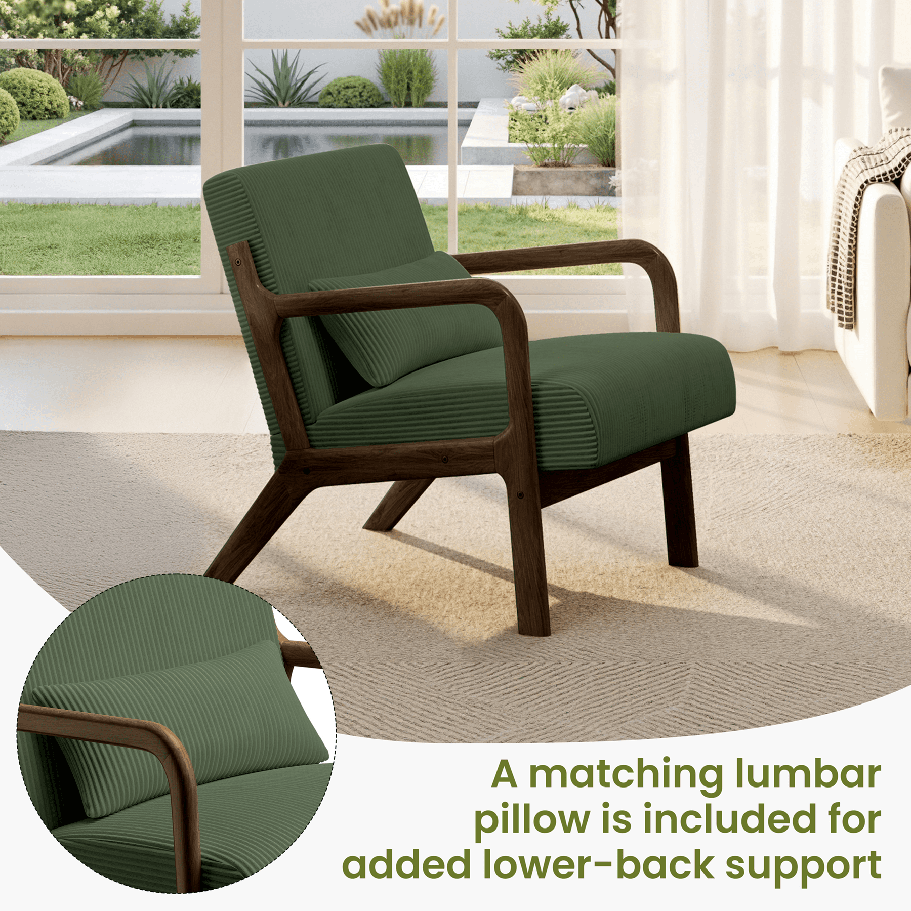 Renwick Mid-Century Corduroy Accent Chair, Modern Armchair with Wood Frame and Pillow for Living Room Bedroom Furniture, Set of 2, Dark Green