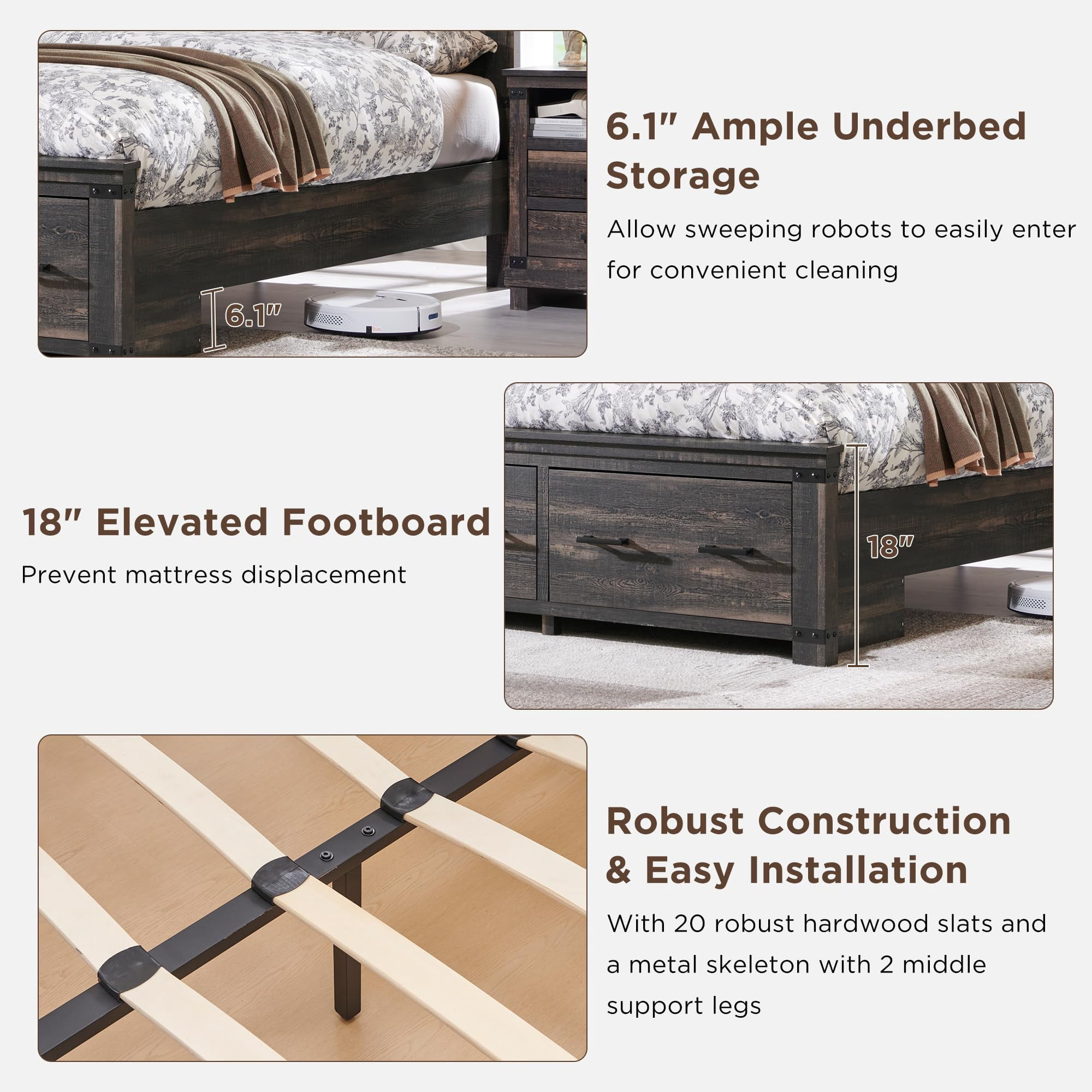 OKD Queen Size Bed Frame W/ 54" Tall Geometric Headboard, Farmhouse Wood Platform Bed W/ 2 Large Storage Drawers, No Box Spring Needed, Dark Rustic Oak