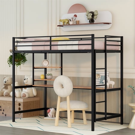 Twin Size Metal Loft Bed with Shelves and Desk Twin Loft Bed Frame with Build-in Ladder and Guardrails Multifunction Loft Bed with Underbed Space for Kids Teens Adults No Box Spring Needed Black