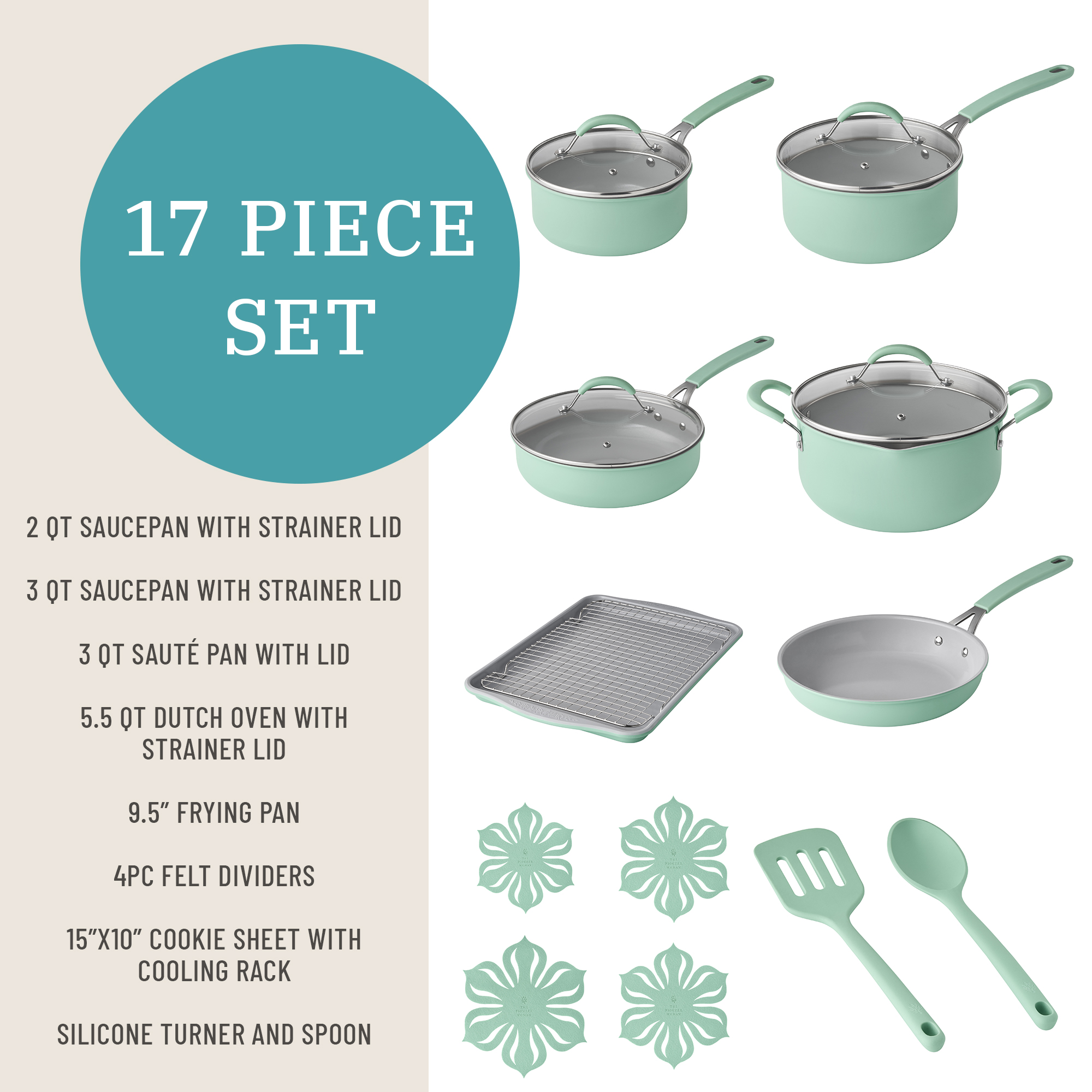 The Pioneer Woman Sutton 17-Piece Non-Stick Cookware Set, Green photo 3