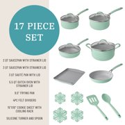 The Pioneer Woman Sutton 17-Piece Non-Stick Aluminum Cookware Set, Pots and Pans w/Bakeware & Utensils, Green