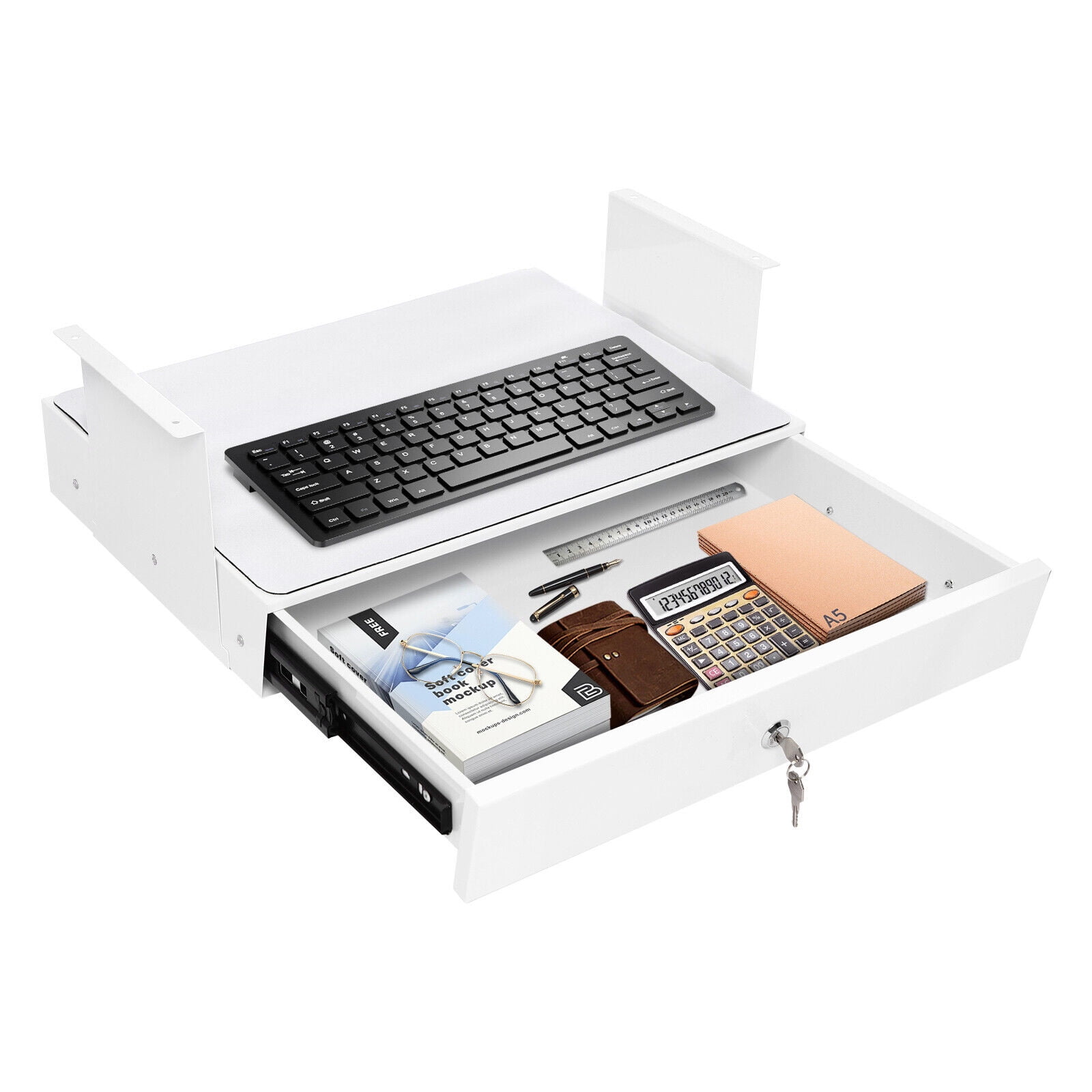 Lockable Sliding Underdesk Drawers Organiser Metal Pull Out Storage Drawer w/ Computer Pad for Office Standing and Standard Desks White