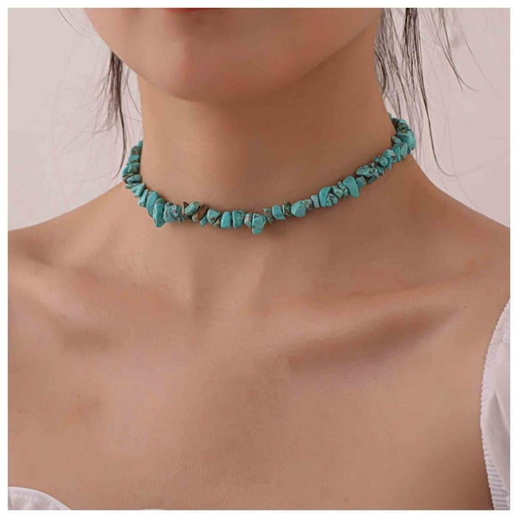 Boho Turquoise Bead Choker Necklace Short Irregular Turquoise Necklace Blue Gemstone Beaded Necklace Natural Stone Necklace Chain Jewelry for Women and Girls