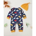 thumbnail image 3 of Kucnuzki Infant Baby Boys Bodysuits 12-18 Months Baby Boys Winter Clothes Round Neck Long Sleeves Romper Dinosaur Print One-piece Overalls with Hat 2pcs Blue, 3 of 8