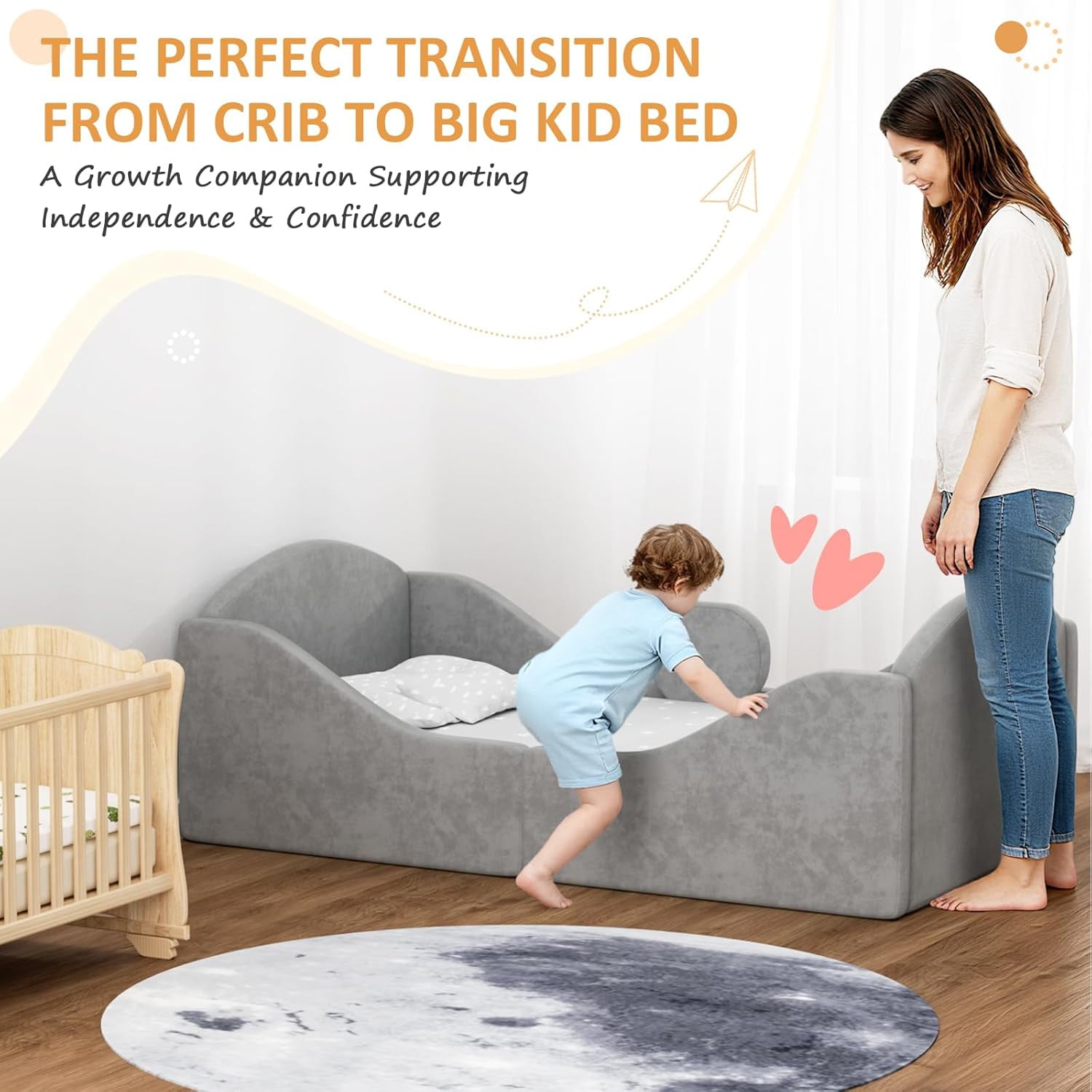 Toddler floor bed with removable safety rails, suitable for both boys and girls, standard crib size, soft-padded safety mattress, low-profile design (Grey).