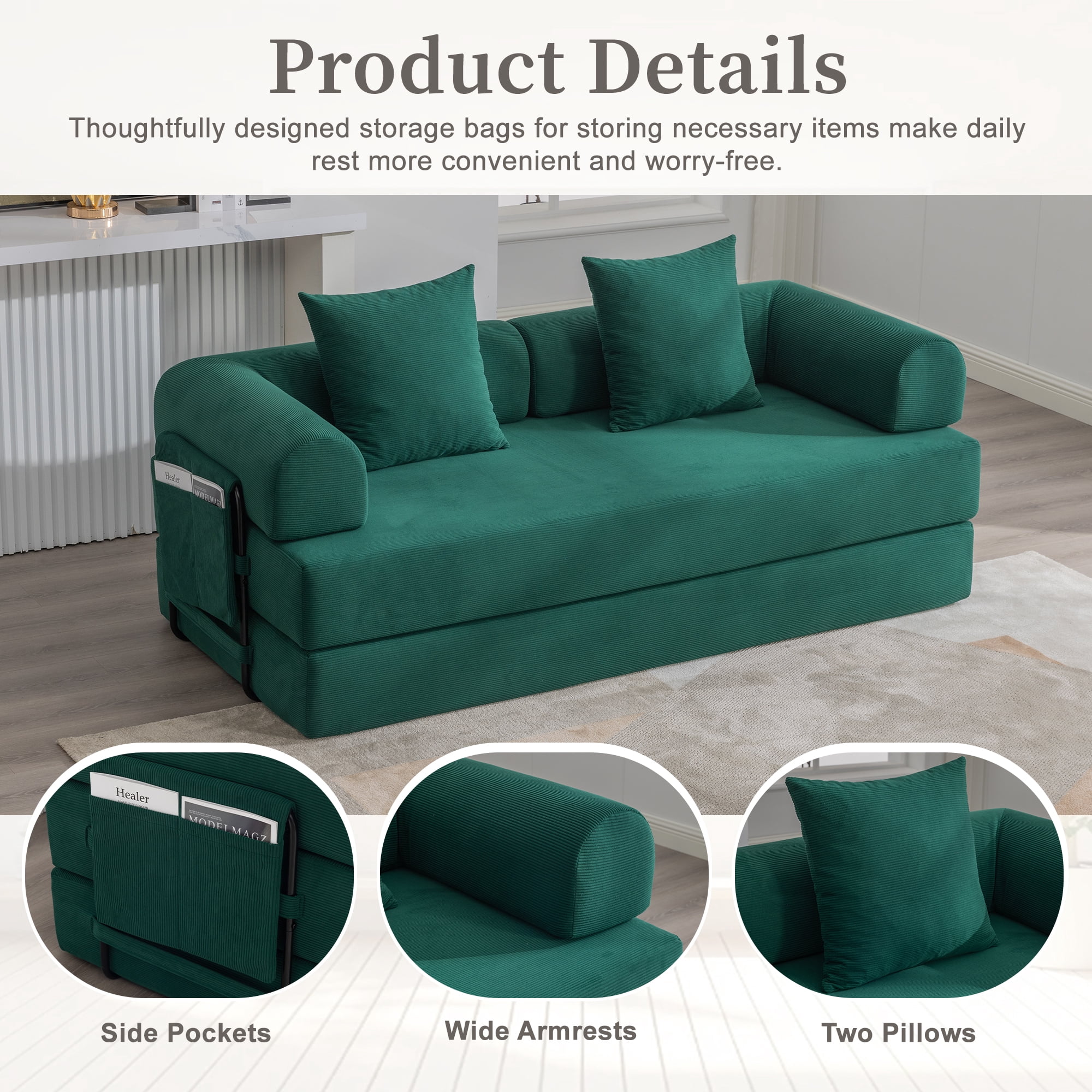 MOONMISS Corduroy Upholstered Modern Comfort Foldable Compressible Sofa Bed with Sturdy Metal Frame-Emerald