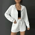thumbnail image 2 of Usmixi Womens 2 Piece Outfits Front Zip Hooded Coat 2 Piece Sets Casual Solid Drawstring Elastic Waist Shorts Outfits Sets Sports Running Lounge Sets Tracksuits Sets with Pocket Fall Saving, 2 of 7