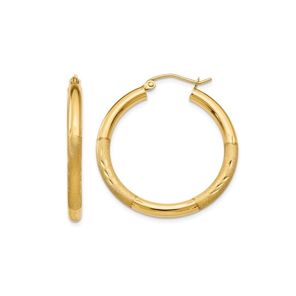 Primal Gold 14 Karat Yellow Gold Satin and Diamond-cut 3mm Round Hoop Earrings