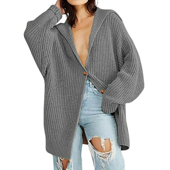 Women Oversized Chunky Knit Open Front Cardigan Sweater Button Up Rib Knitted Sweater Jacket Fall Grey XL
