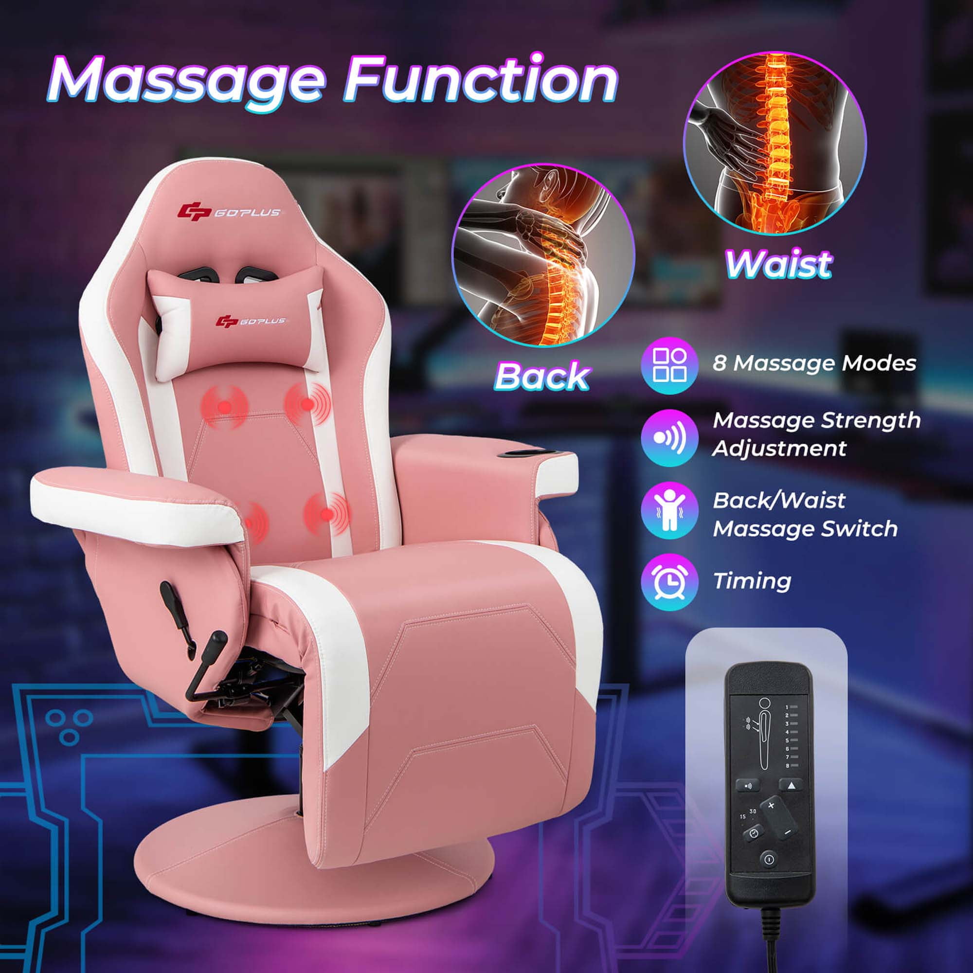 Goplus Massage Gaming Recliner Height Adjustable Racing Swivel Chair with Cup Holder Pink