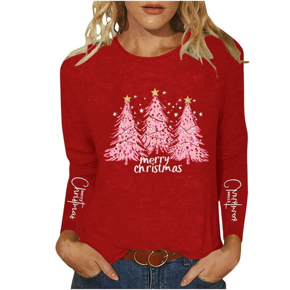 Ailaofu Christmas Tree Crew Neck Shirt for Women Funny Xmas Graphic Tee Winter Holiday Family Party Matching Tops