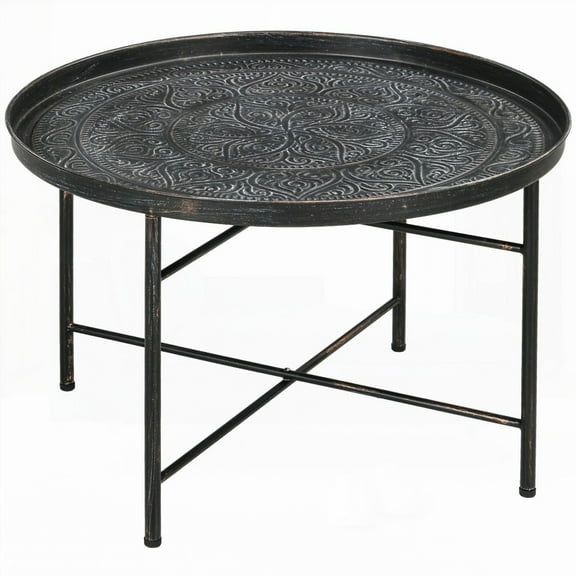 HOMCOM 24" Round Coffee Table with Hammered Tray Top - Vintage Metal Center Table for Living Room, Bedroom, and Side Use