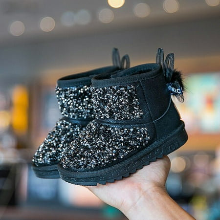 

DancePeanut Kids Girls Fashion Sequins Ankle Boots High Shoes Children Girls Winter Plush Lining Snow Boots Size 22-37