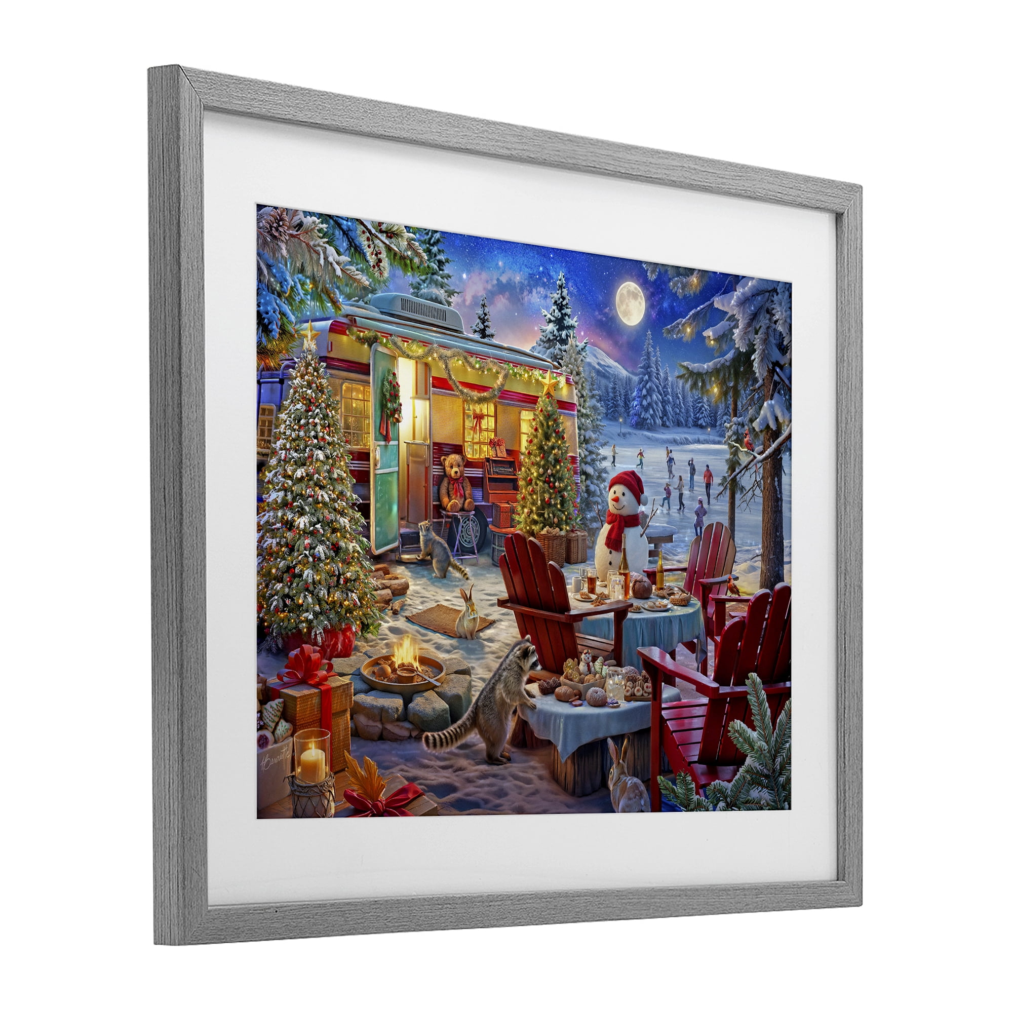 Winter Holiday Camper Party Gray Framed Print Under Glass, design by Henriette Chinaglia