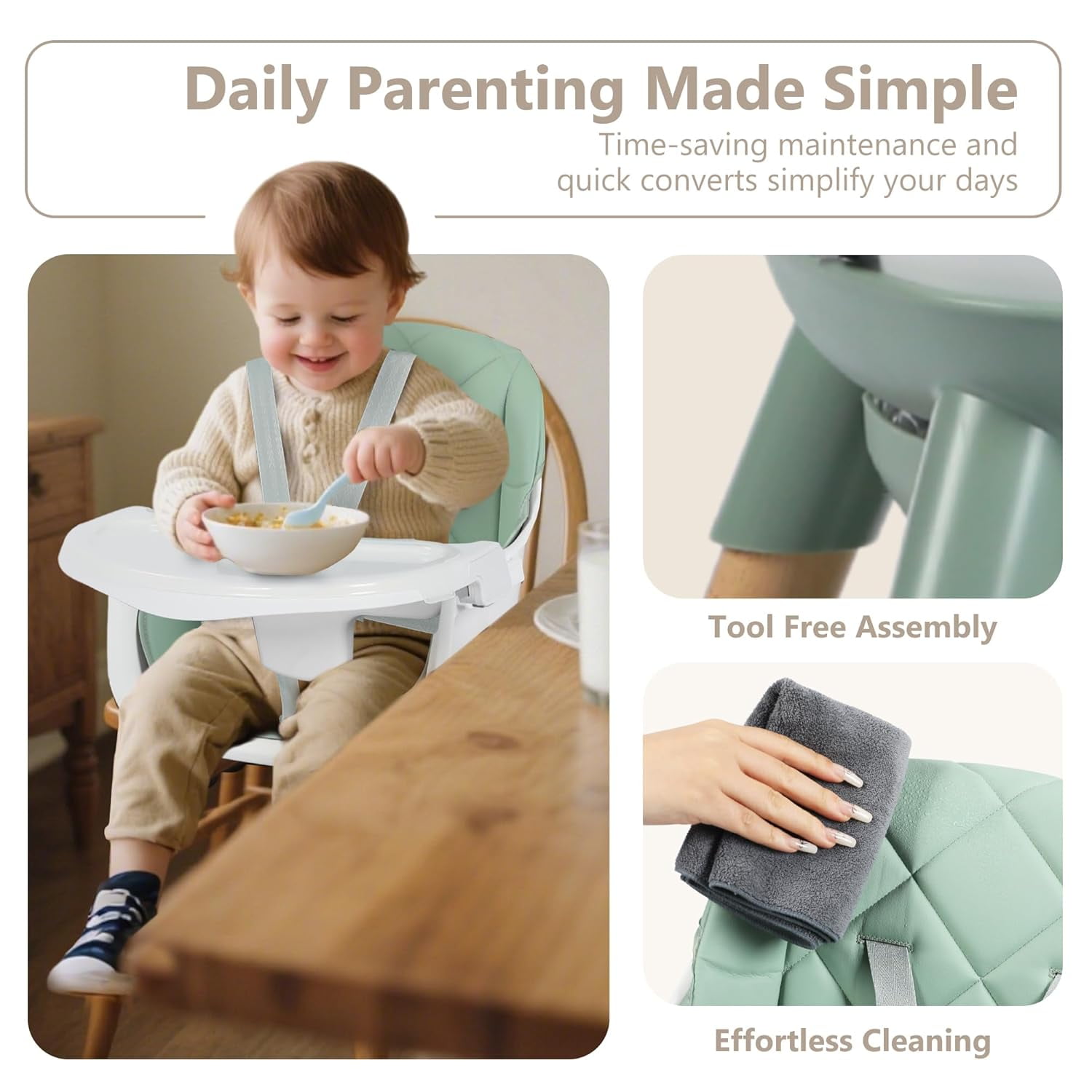 LINLUX Wood Baby High Chair, 7 in 1 Convertible Highchair, Infant Feeding Chair, Toddler Chair Green