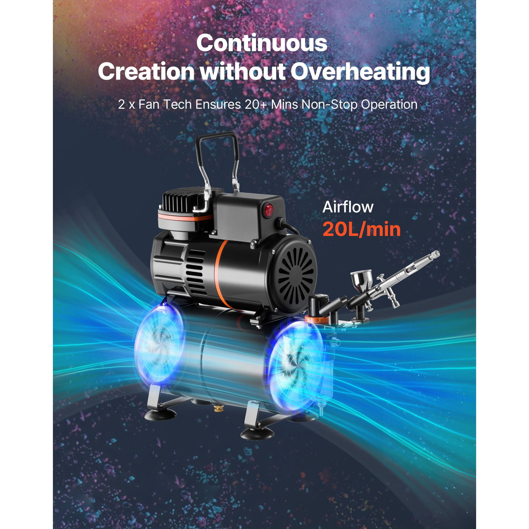 Professional Airbrush Kit with Compressor&Tank,Dual-Action Airbrush for Cake Decorating,Model Painting,Nail Art,Includes Hose,Acrylic Paint,2 Fans