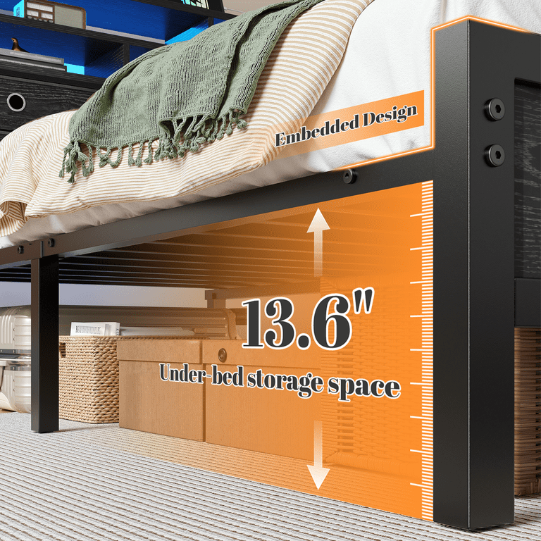 EnHomee King Metal Bed Frame with Storage, LED Light & Charging photo 7