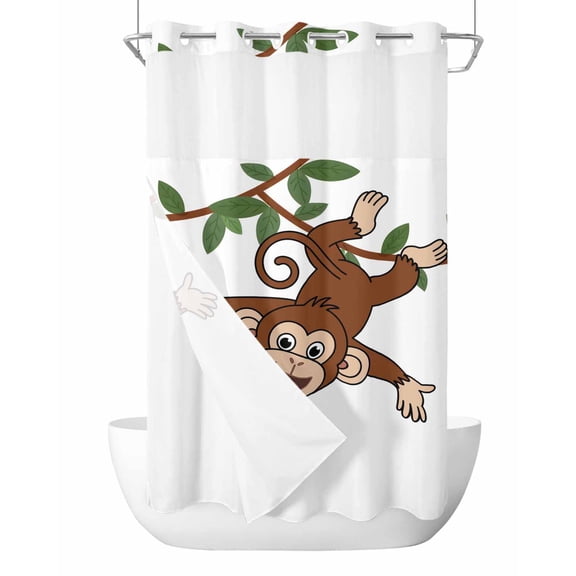 No Hook Cloth Fabric Shower Curtain with Snap in Liner, Brown Cute Monkey Waterproof Shower Curtains Set with See Through Top Window, Playing Funny Animal on Branch Bath Curtains Shower 54"x78"