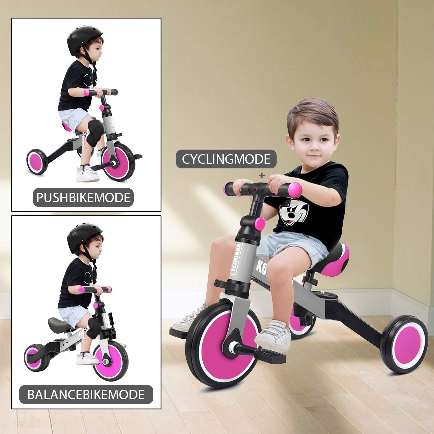 KORIMEFA 3 in 1 Kids Tricycle for 1-4 year olds, Toddler Bike Kids Trike for Balance Training, Baby Bike for Boy Girl